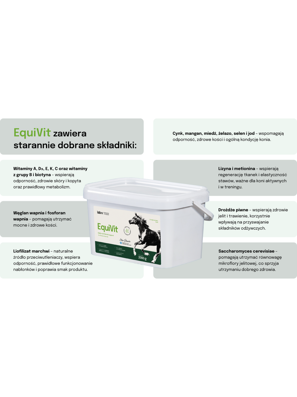 Lab-v EquiVit Mieszanka paszowa dietetyczna dla koni i kucyków wspierająca odporność, układ kostno-stawowy oraz prawidłową przemianę meteboliczną 2000 g