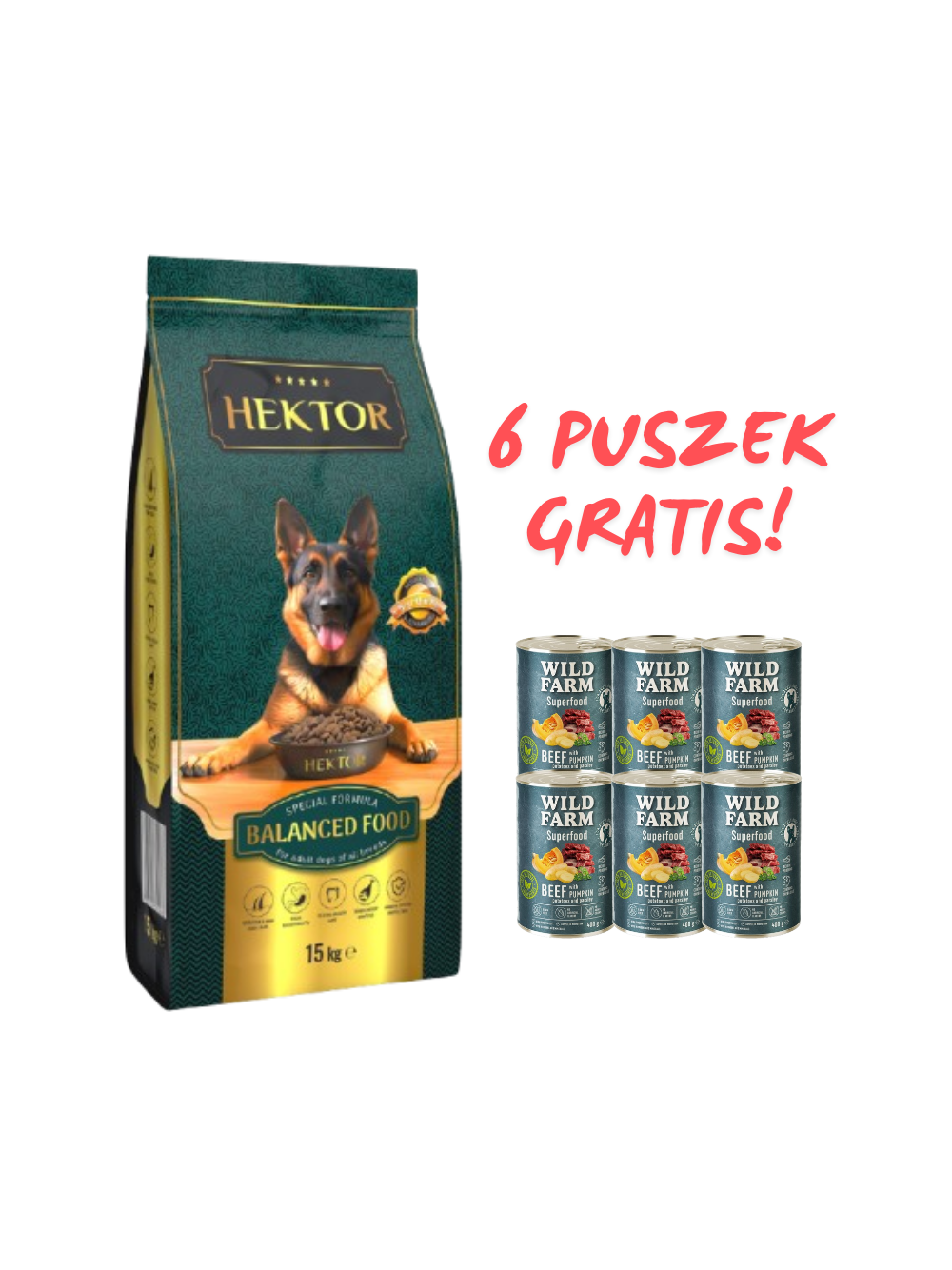 HEKTOR BALANCED Adult 15kg+ WILD FARM Superfood Beef 6x400g GRATIS!!!