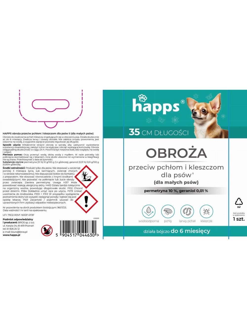 HAPPS - obroża przeciw pchłom i kleszczom dla małych psów 35cm