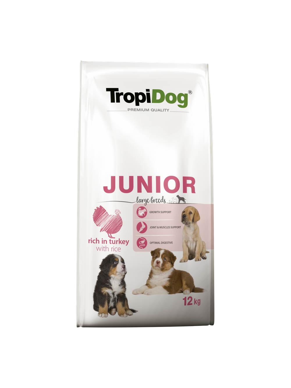 TROPIDOG Premium Junior L bogaty w indyka i ryż 12kg + niespodzianka dla psa GRATIS!