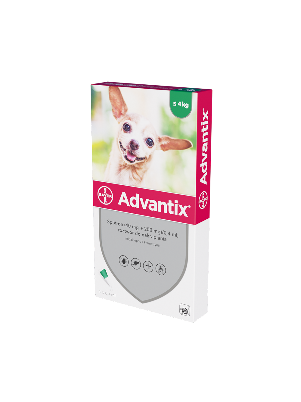Advantix - dla psów do 4kg (4 pipety x 0,4ml)+ Cestal Dog Plus tabletki na odrobaczanie psów 2 sztuki