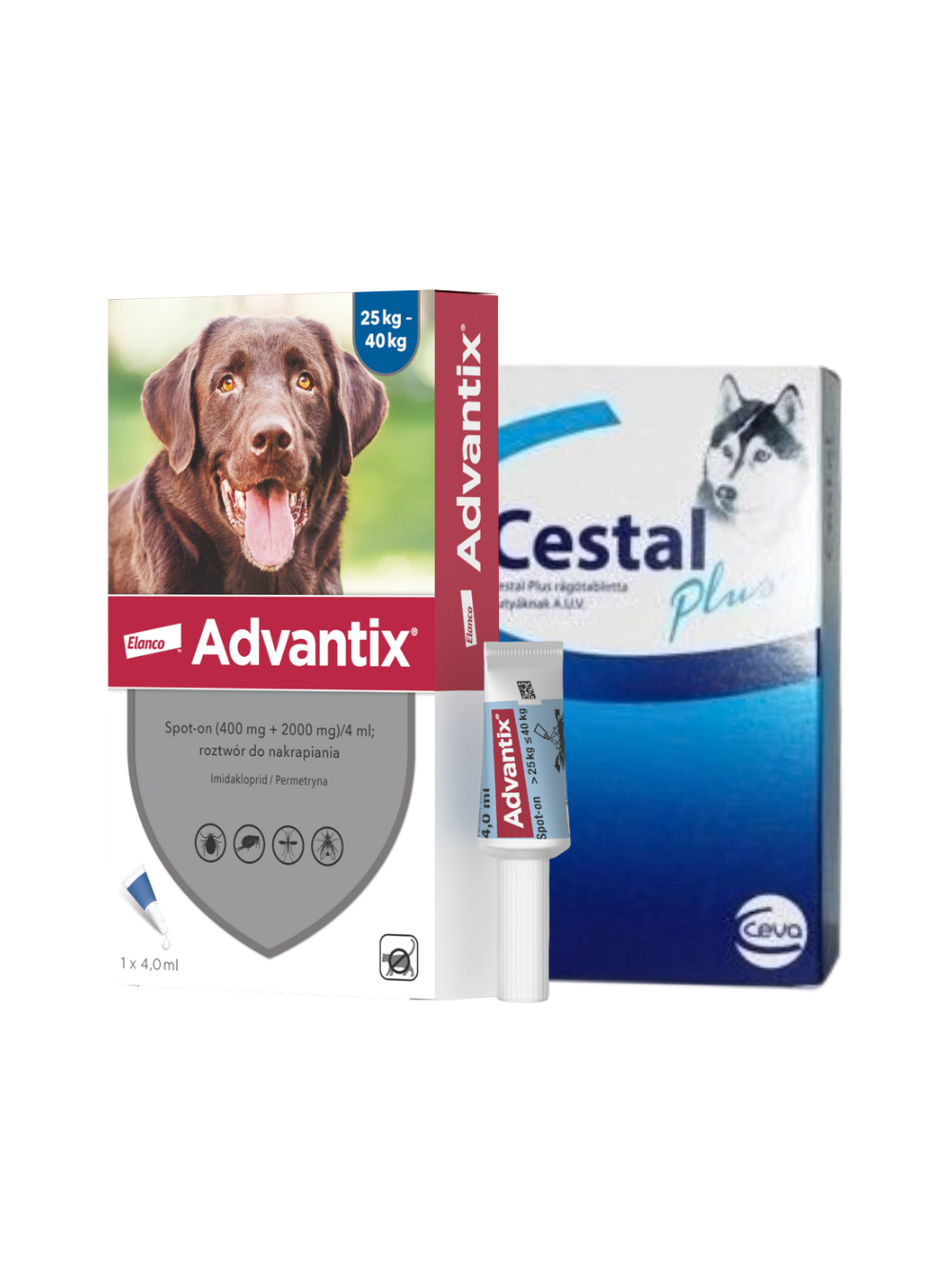 Advantix - dla psów 25-40kg (pipeta 4ml)+ Cestal Dog Plus tabletki na odrobaczanie psów 2 sztuki