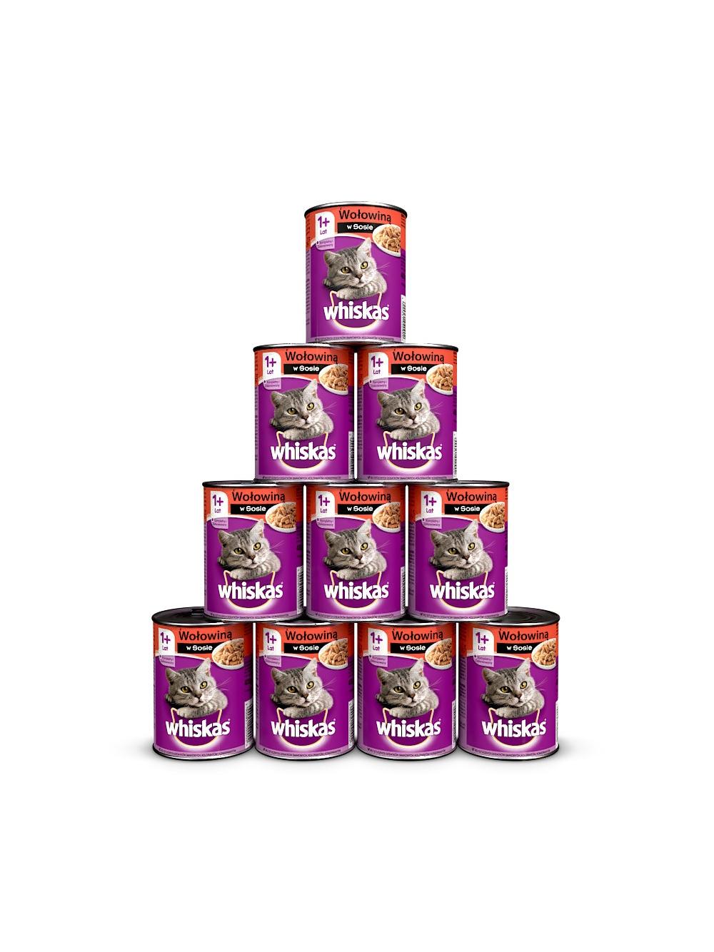 WHISKAS Adult puszka 12x400 g - mokra karma pełnoporcjowa dla dorosłych kotów, kawałki z wołowiną w sosie