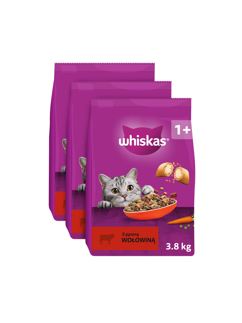 WHISKAS Adult 11,4kg (3x3,8kg) - sucha karma pełnoporcjowa dla dorosłych kotów, z pyszną wołowiną