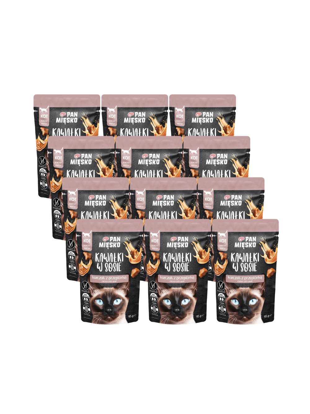 PAN MIĘSKO Kawałki w sosie Kurczak z przepiórką 12x85g dla kota
