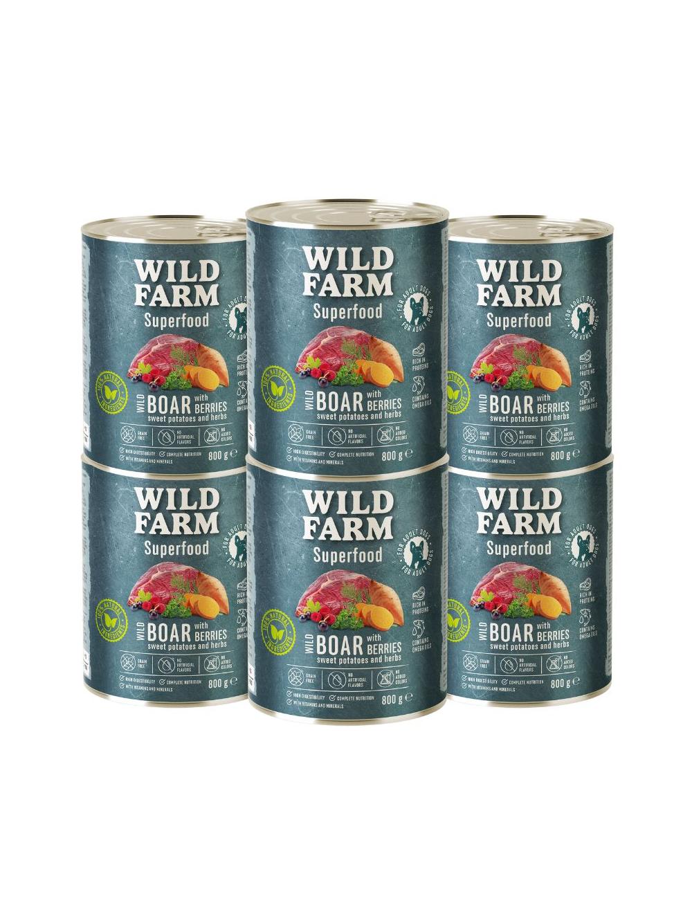 WILD FARM Superfood Wild Boar (Dziczyzna z batatami, jagodami i ziołami) 6x800g bezzbożowa karma dla psa