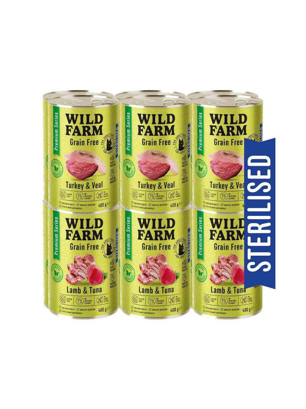 WILD FARM Premium Grain Free Turkey and Veal / Lamb and Tuna 12x400g  - bezzbożowa karma dla kota sterylizowanego