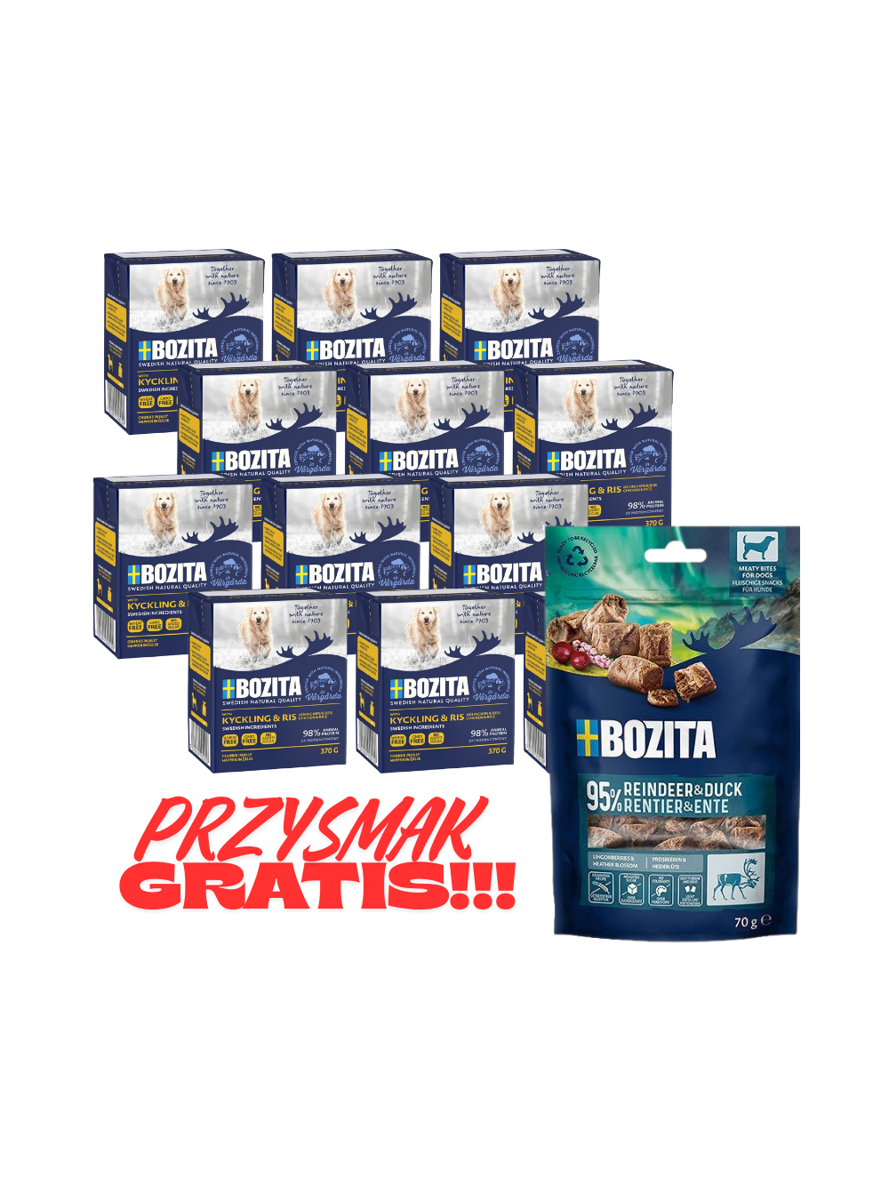 BOZITA Dog: Kurczak i ryż w galarecie 12x370g + BOZITA Meaty Bites renifer z kaczką przysmak pies 70g GRATIS!!!