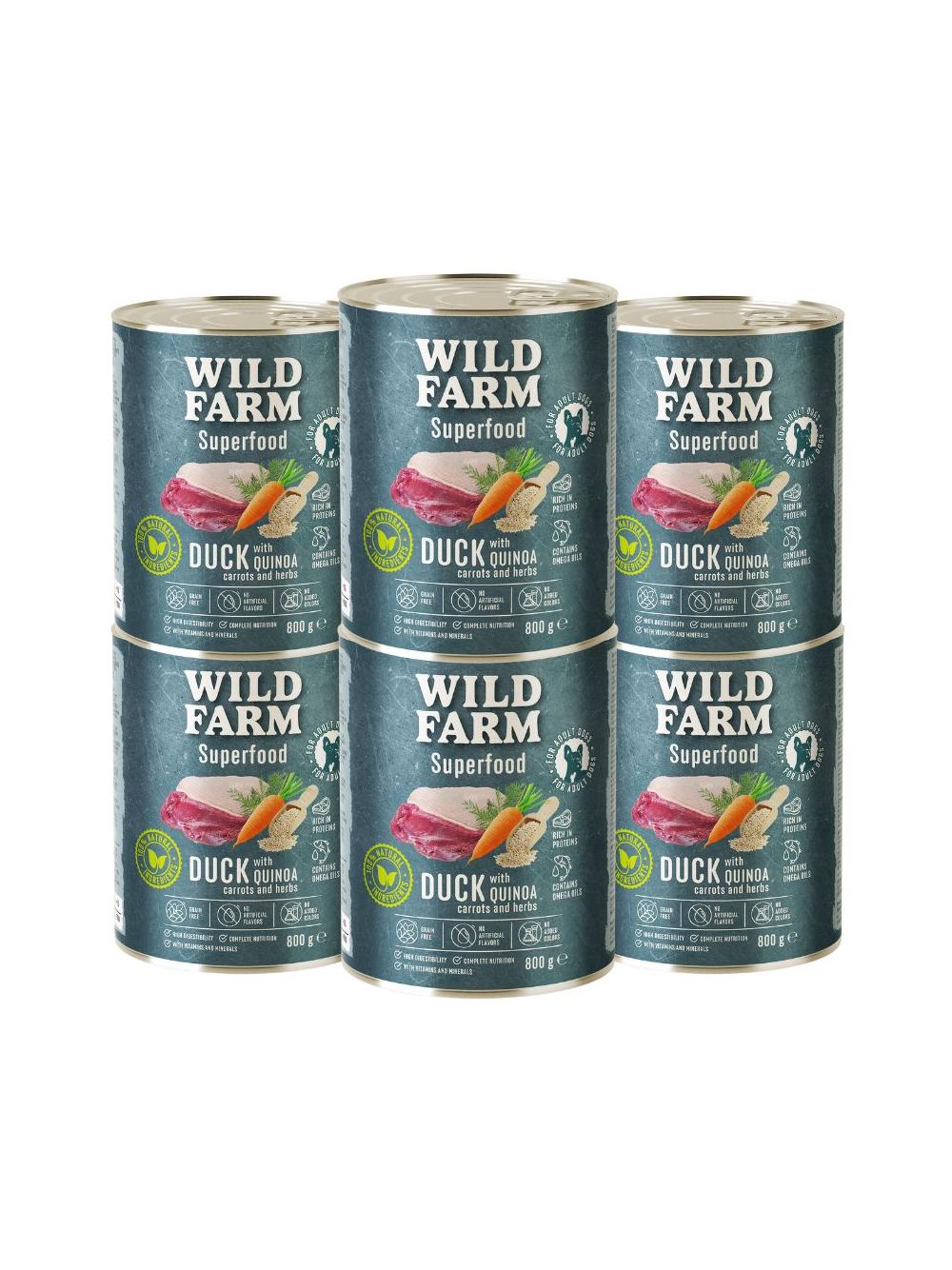 WILD FARM Superfood Duck (Kaczka z komosą ryżową, marchewką i ziołami) 6x800g bezzbożowa karma dla psa