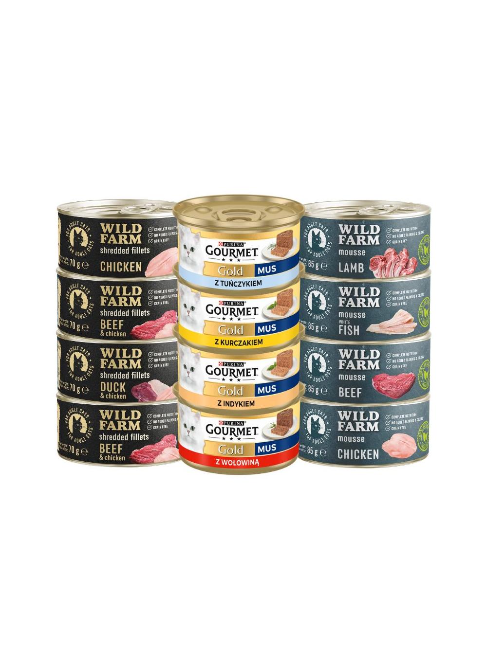 Purina Gourmet Gold mus + WILD FARM Mix smaków 8x85g + 4x70g