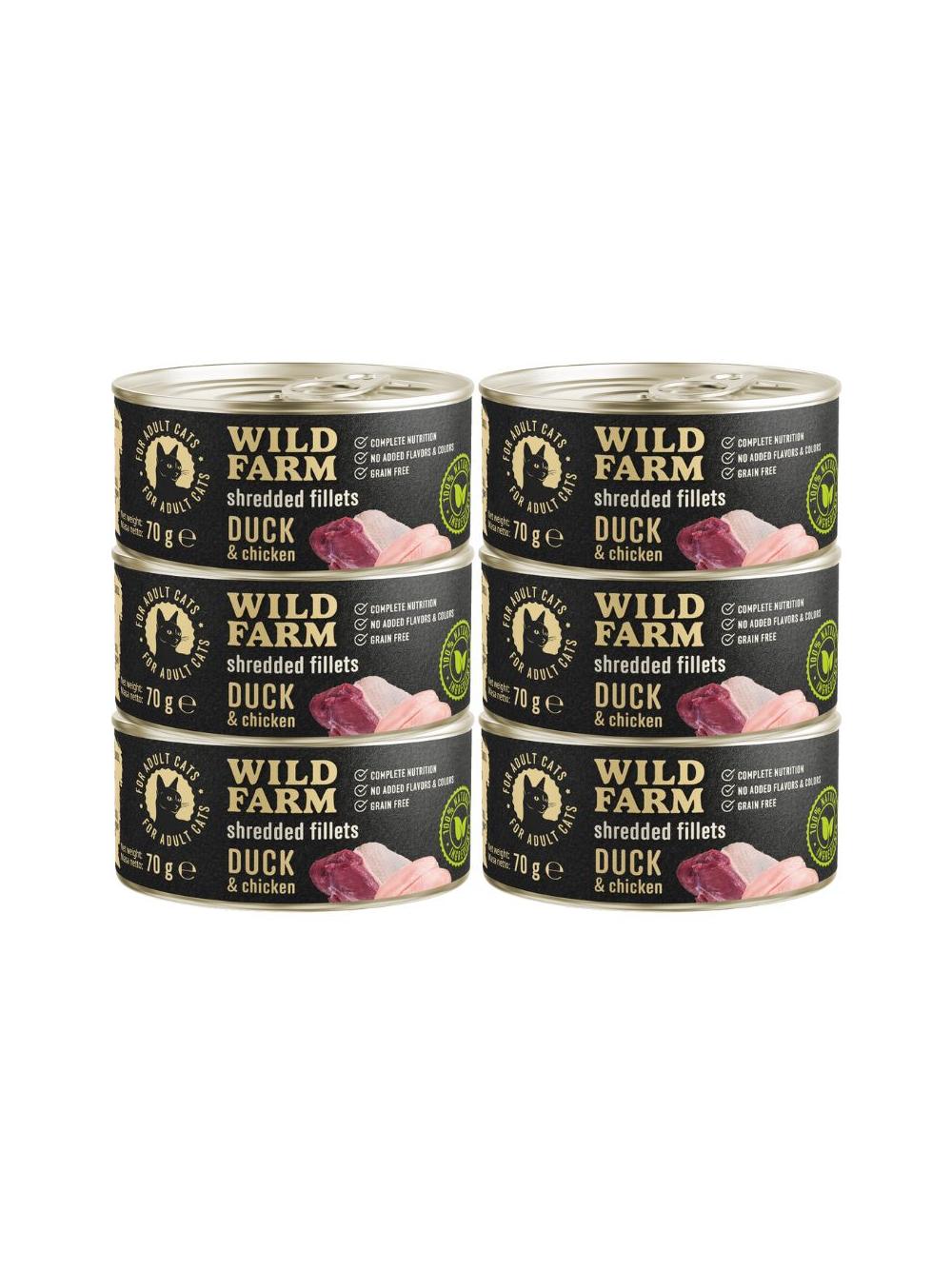 WILD FARM Fillets Duck&Chicken 6x70g - bezzbożowa mokra karma dla kota, filet w bulionie