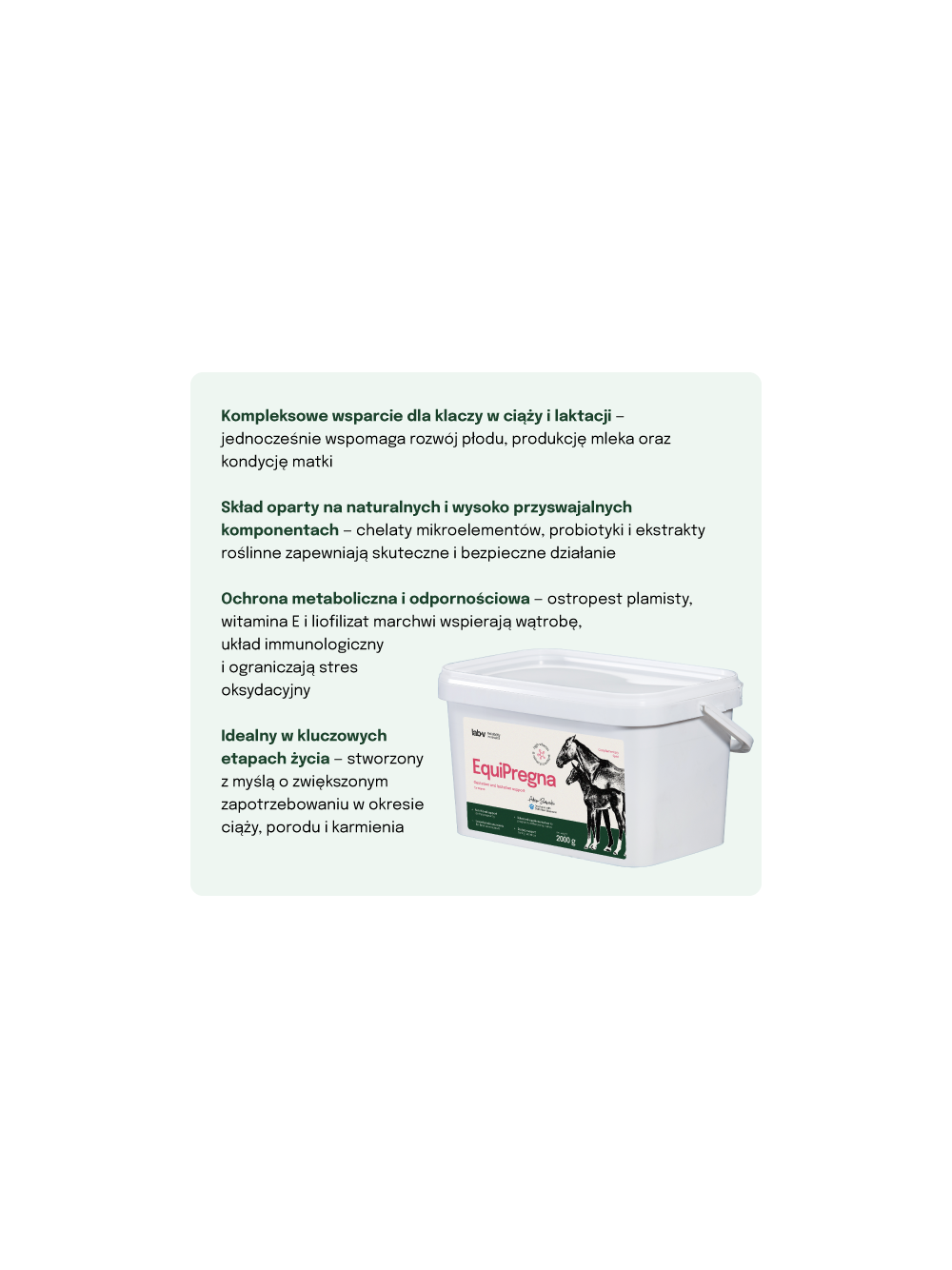 Lab-v EquiPregna Mieszanka paszowa uzupełniająca dla klaczy ciężarnych i karmiących, wspierająca przebieg ciąży, rozwój płodu oraz produkcję mleka 2000g