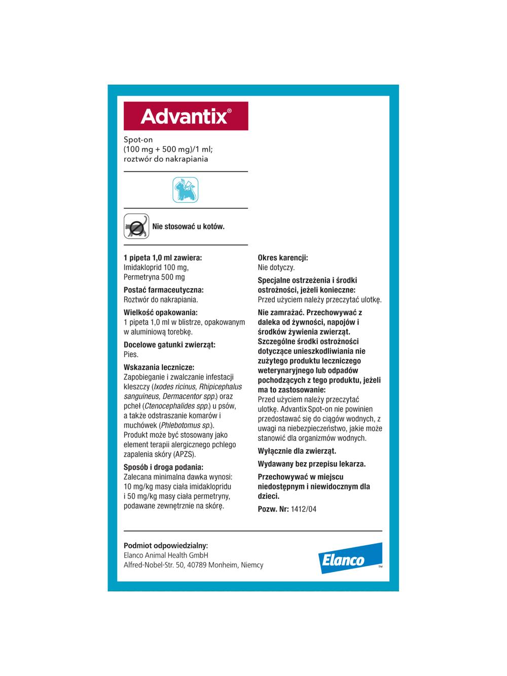 Advantix dla psów 4-10kg (pipeta 1ml)+ Cestal Dog Plus tabletki na odrobaczanie psów 2 sztuki
