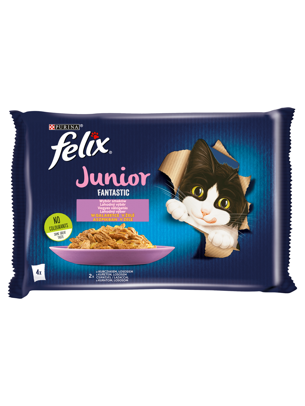 FELIX Fantastic Junior w galaretce z kurczakiem i łososiem 4x85g