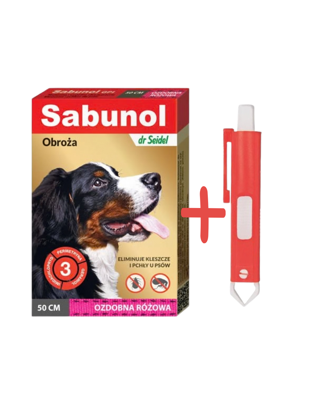 Sabunol ozdobna różowa obroża przeciw pchłom i kleszczom dla psa 50 cm+TRIXIE Szczypce do usuwania kleszczy 9cm