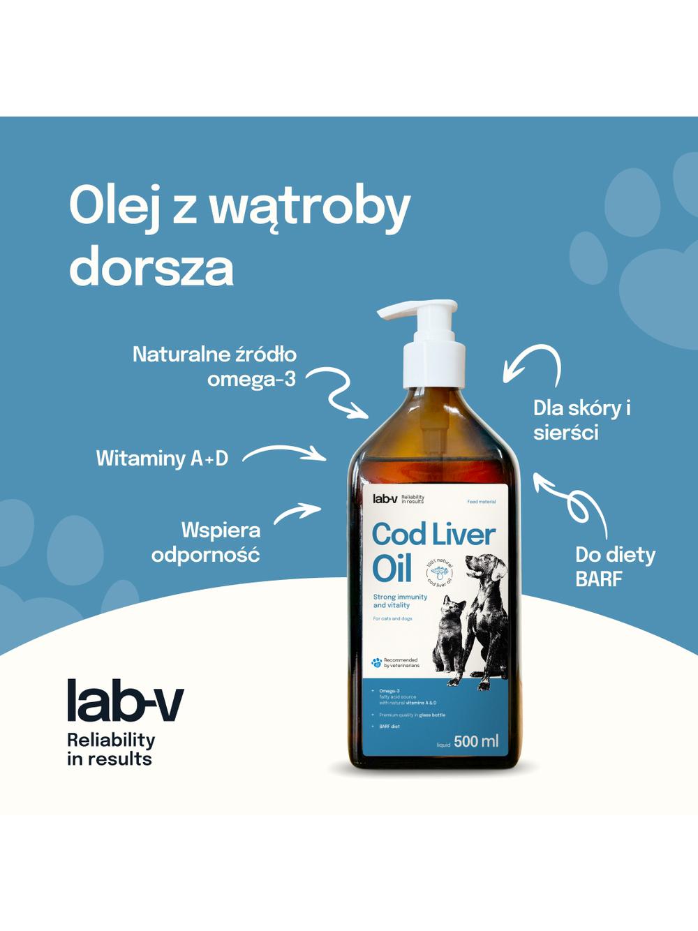 Lab-v Cod Liver Oil – Olej z wątroby dorsza 100% dla psa i kota 500ml