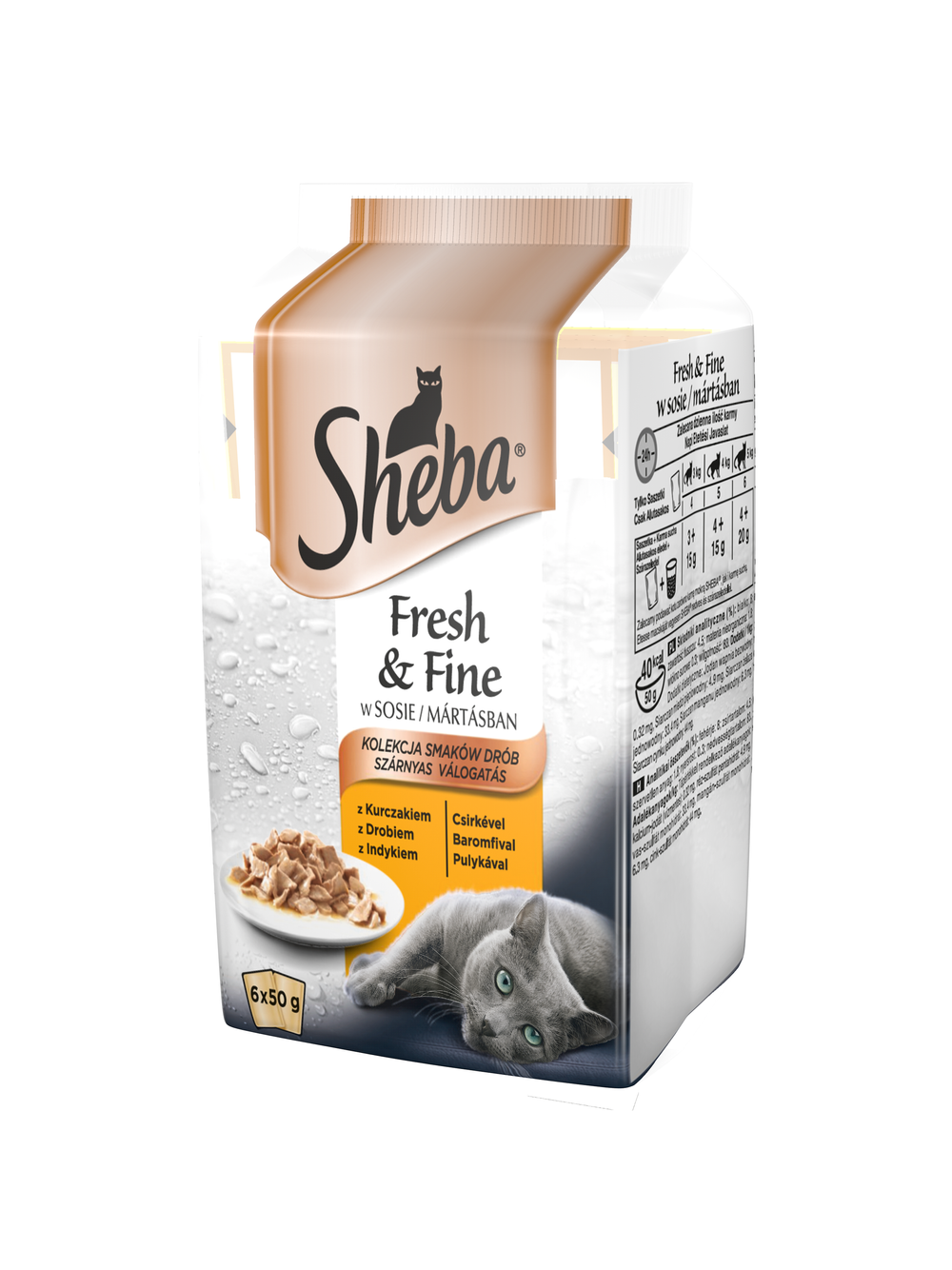 SHEBA saszetka 6x50g Fresh & Fine - mokra karma dla kotów w sosie (z kurczakiem, z indykiem)