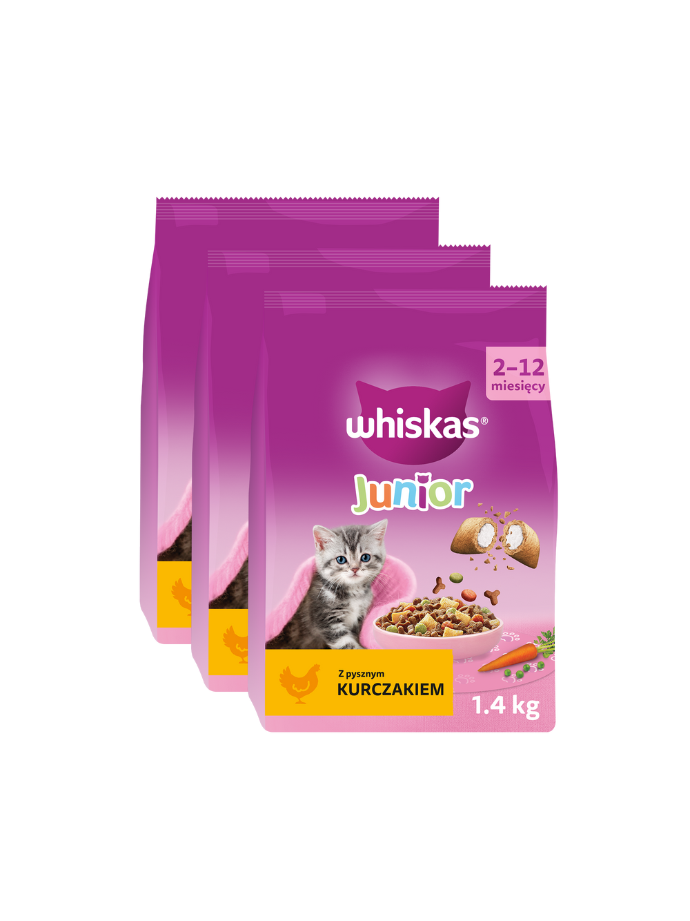 WHISKAS Junior 3x1,4 kg - sucha karma dla dla kociąt, z pysznym kurczakiem