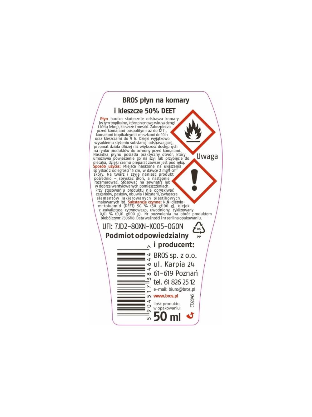 BROS Płyn na komary i kleszcze 50% DEET 50 ml