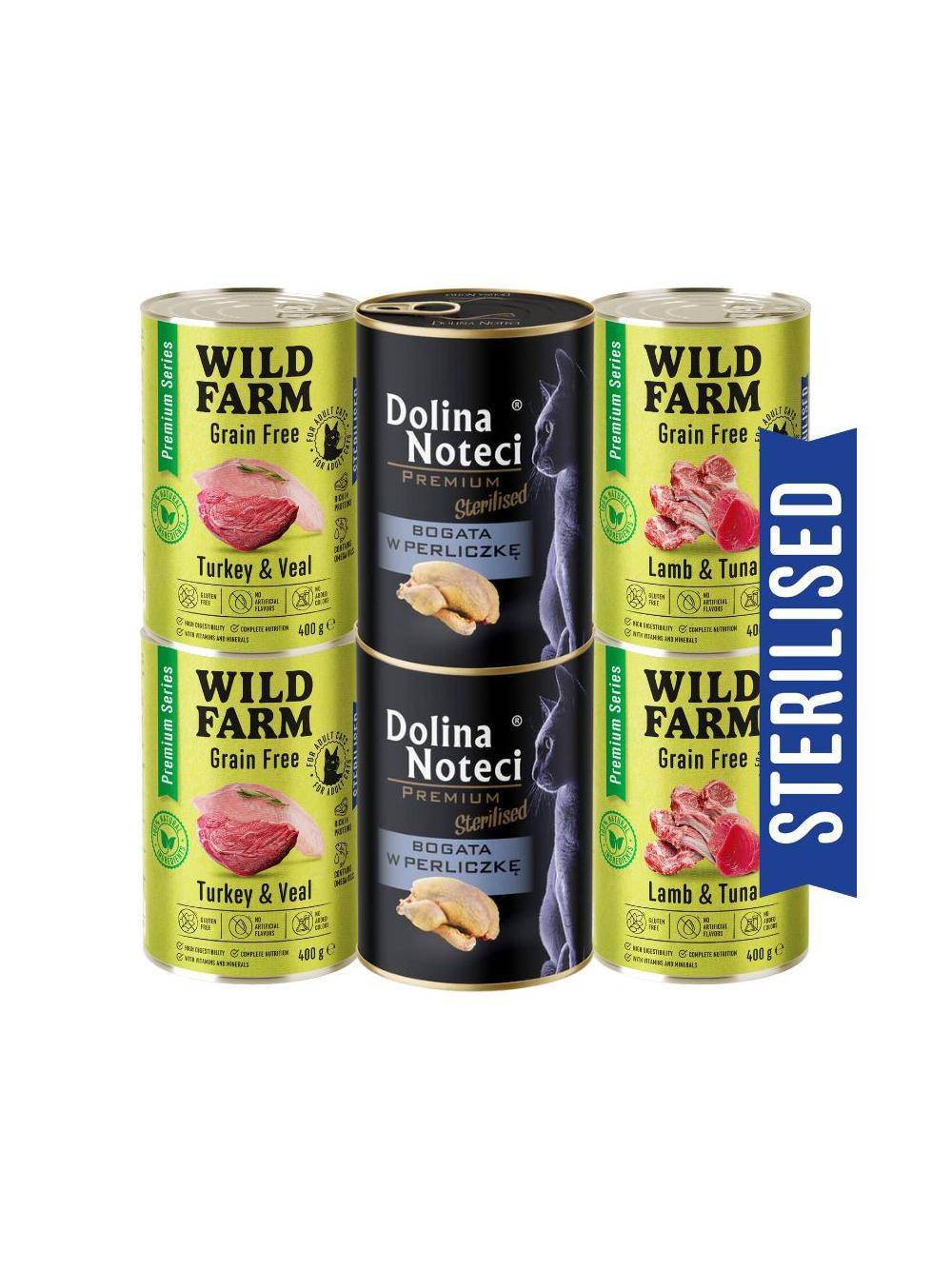 WILD FARM Premium Grain Free + Dolina Noteci 6x400g  - bezzbożowa karma dla kota sterylizowanego