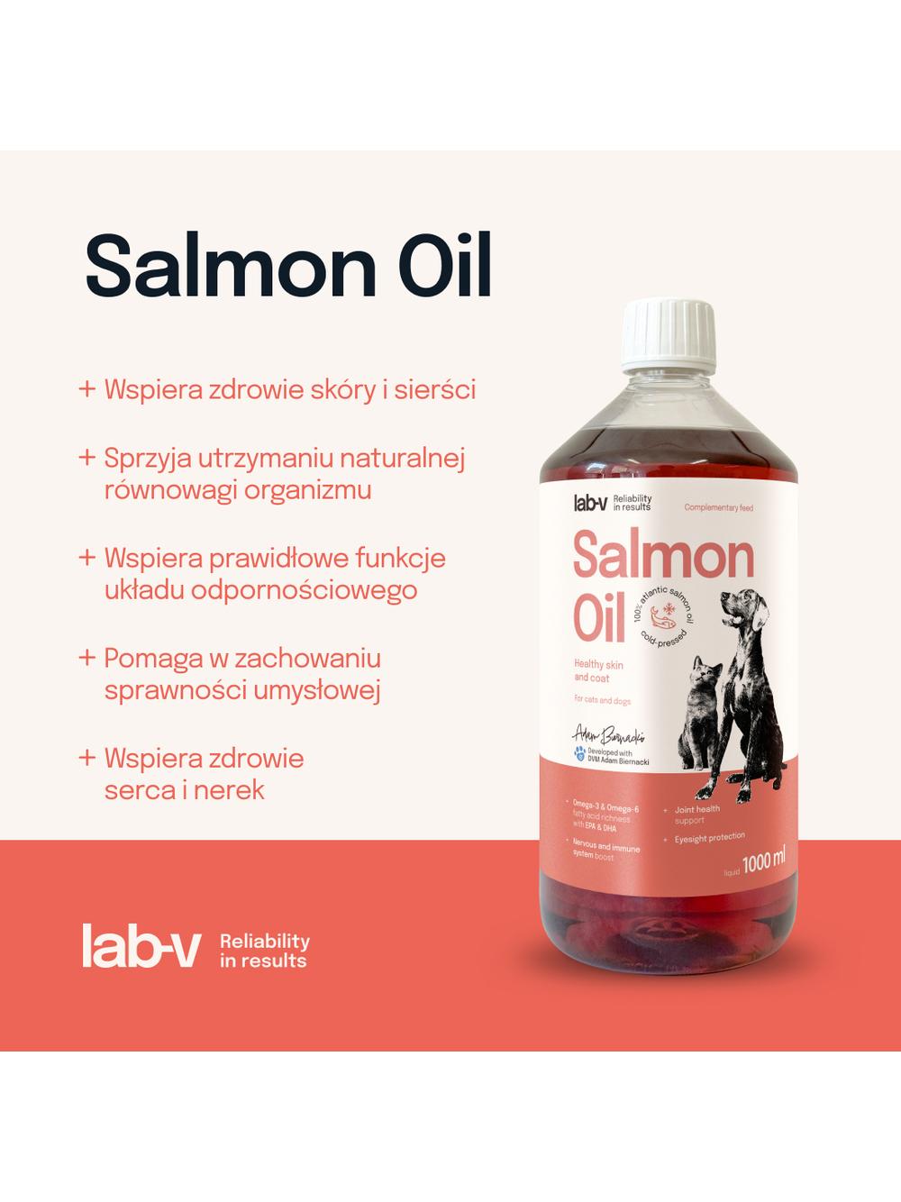 Lab-v Olej z Łososia 100% Dla Psa i Kota w Każdym Wieku 1000 ml Tłoczony Na Zimno