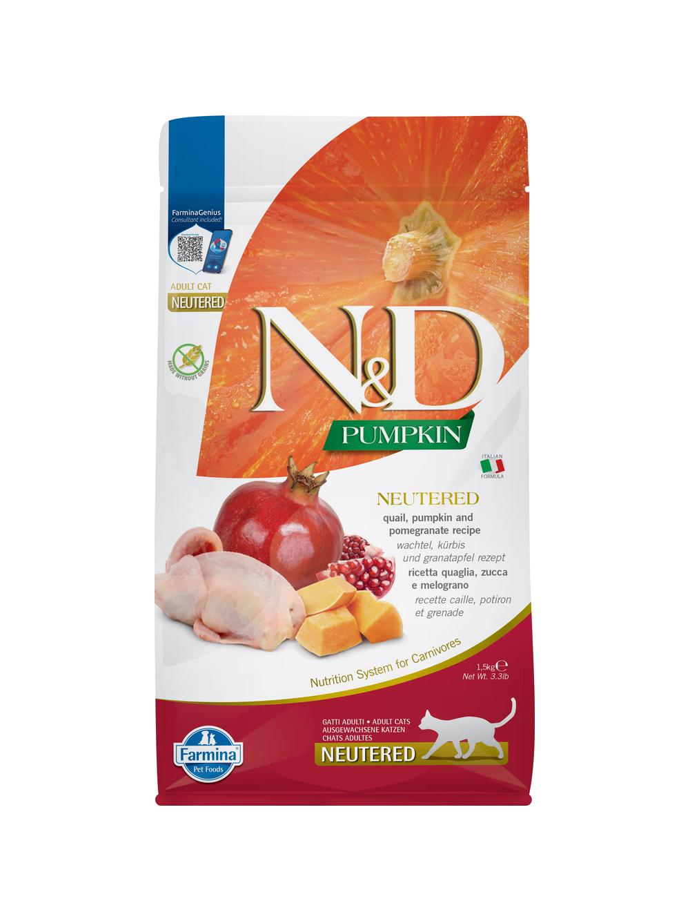 Farmina N&D Pumpkin feline QUAIL, PUMPKIN AND POMEGRANATE NEUTERED RECIPE 1,5kg