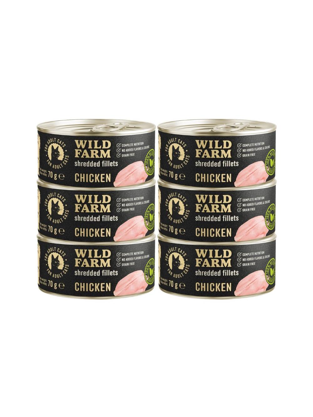 WILD FARM Fillets Chicken 6x70g - bezzbożowa mokra karma dla kota, filet w bulionie