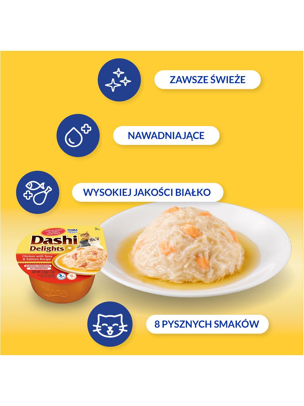 Inaba DASHI uzupełniająca karma dla kota- bulion o smaku kurczaka, tuńczyka i łososia 70 g