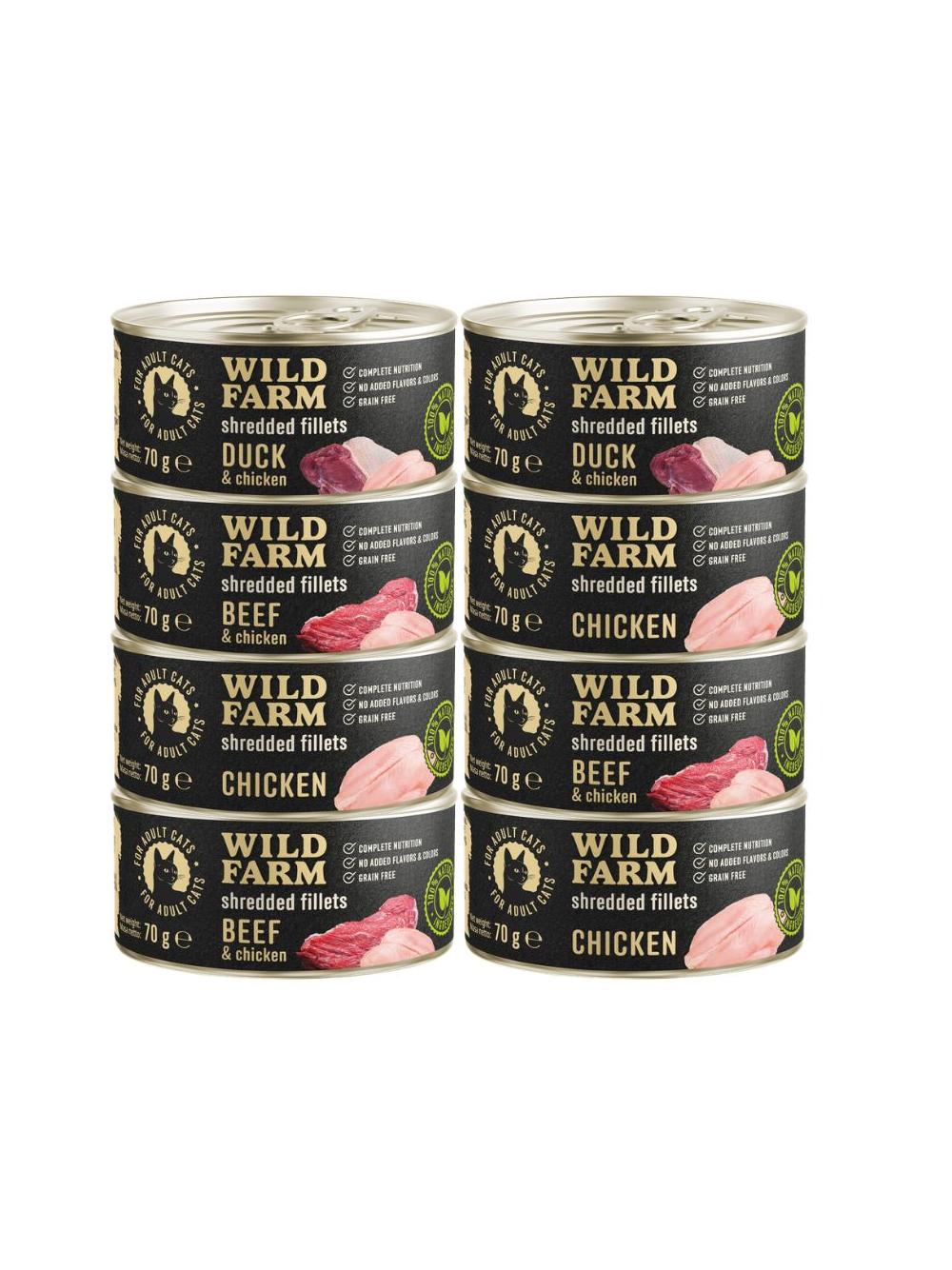 WILD FARM Fillets Mix smaków 8x70g - bezzbożowa mokra karma dla kota, filet w bulionie