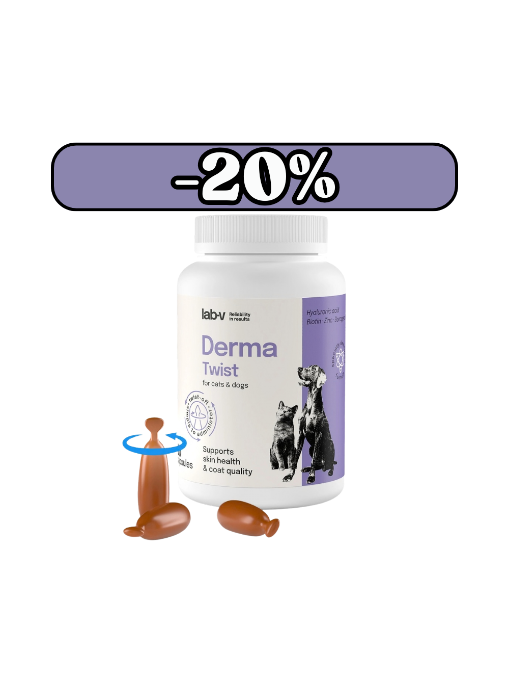 Lab-v Derma Twist – wsparcie skóry, sierści i bariery ochronnej dla psów i kotów 60 kapsułek twist off