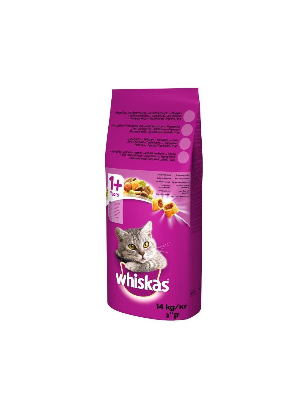 WHISKAS Adult 14 kg - sucha karma dla dorosłego kota, z pyszną wołowiną + niespodzianka dla kota GRATIS!!!