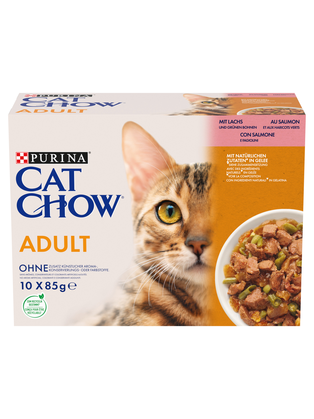 PURINA Cat Chow Adult Karma dla kotów z łososiem i zieloną fasolką w galaretce 10x85g (7+3 GRATIS)