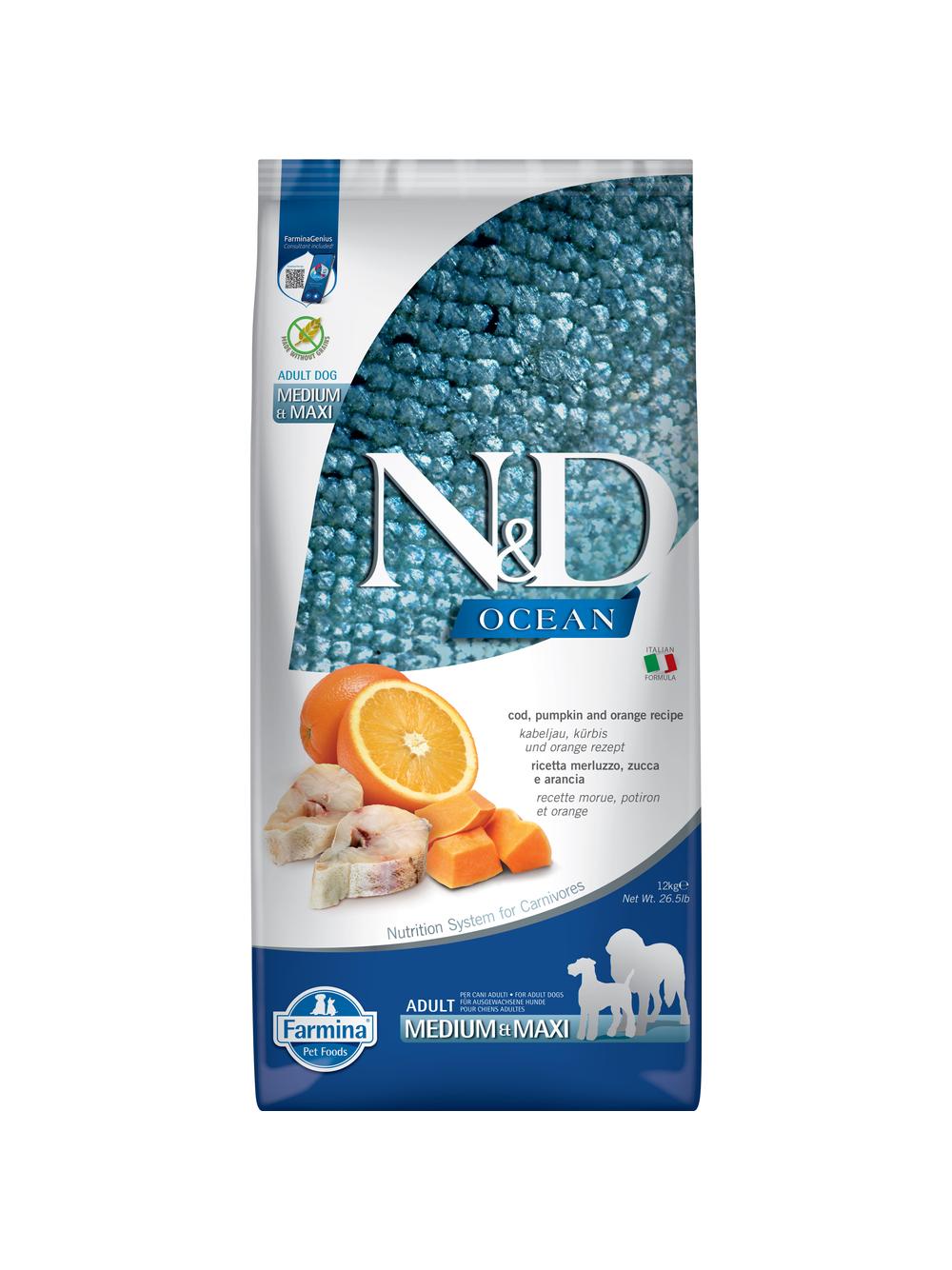 FARMINA N&D Ocean canine COD, PUMPKIN & ORANGE ADULT MEDIUM & MAXI 12kg