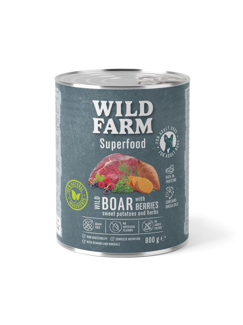 WILD FARM Superfood Wild Boar (Dziczyzna z batatami, jagodami i ziołami) 800g bezzbożowa karma dla psa