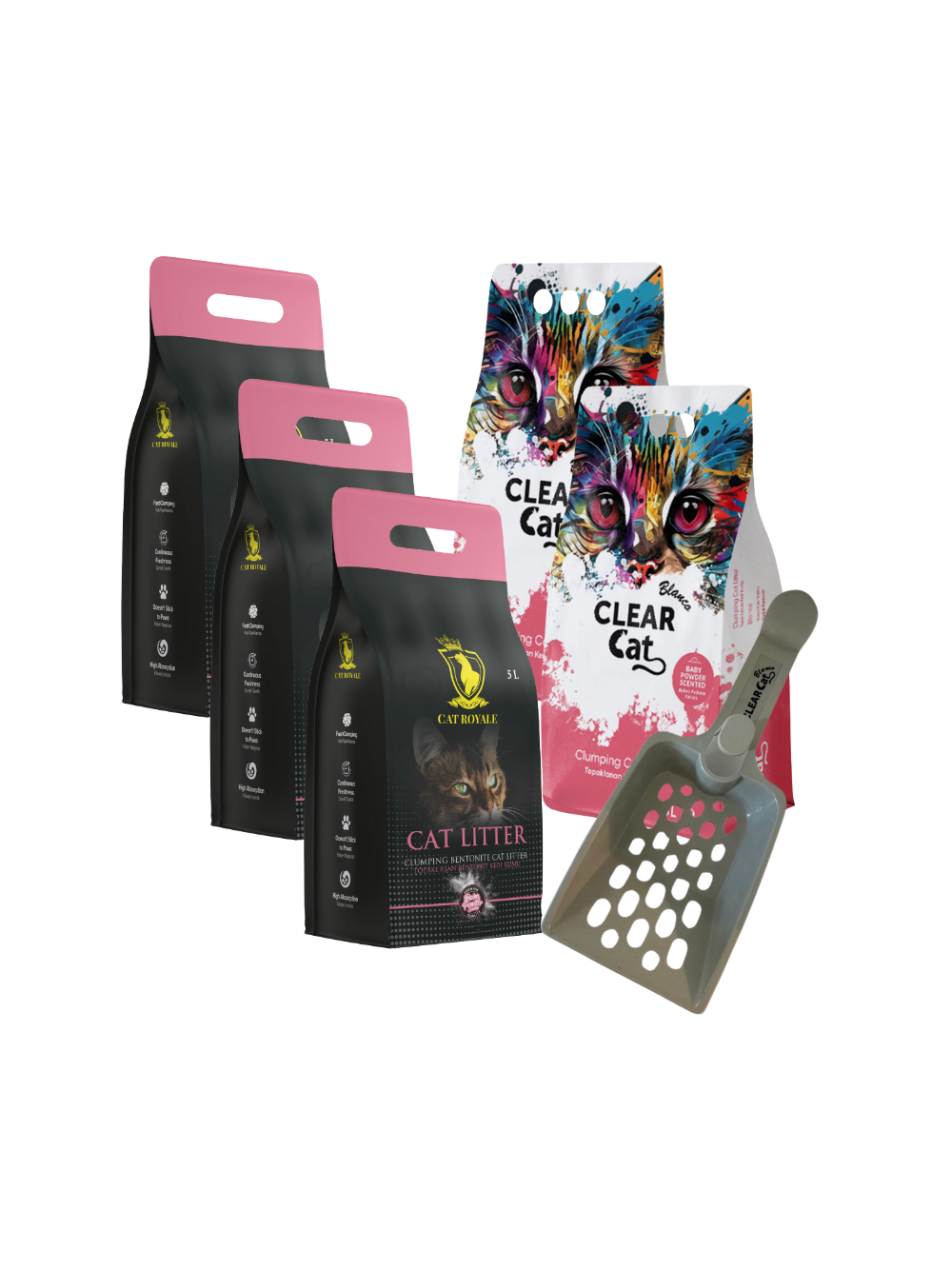 Żwirek bentonitowy Baby Powder 5x5l (3xCat Royale ,2xClear Cat) + łopatka GRATIS!