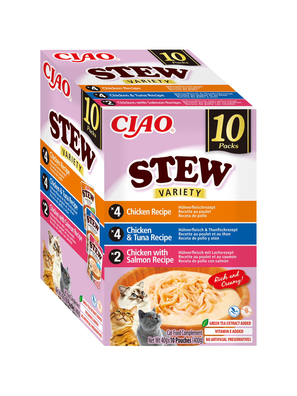 INABA Ciao Stew - karma uzupełniająca dla kota o smaku kurczaka, kurczaka i tuńczyka, kurczaka i łososia 10x40g