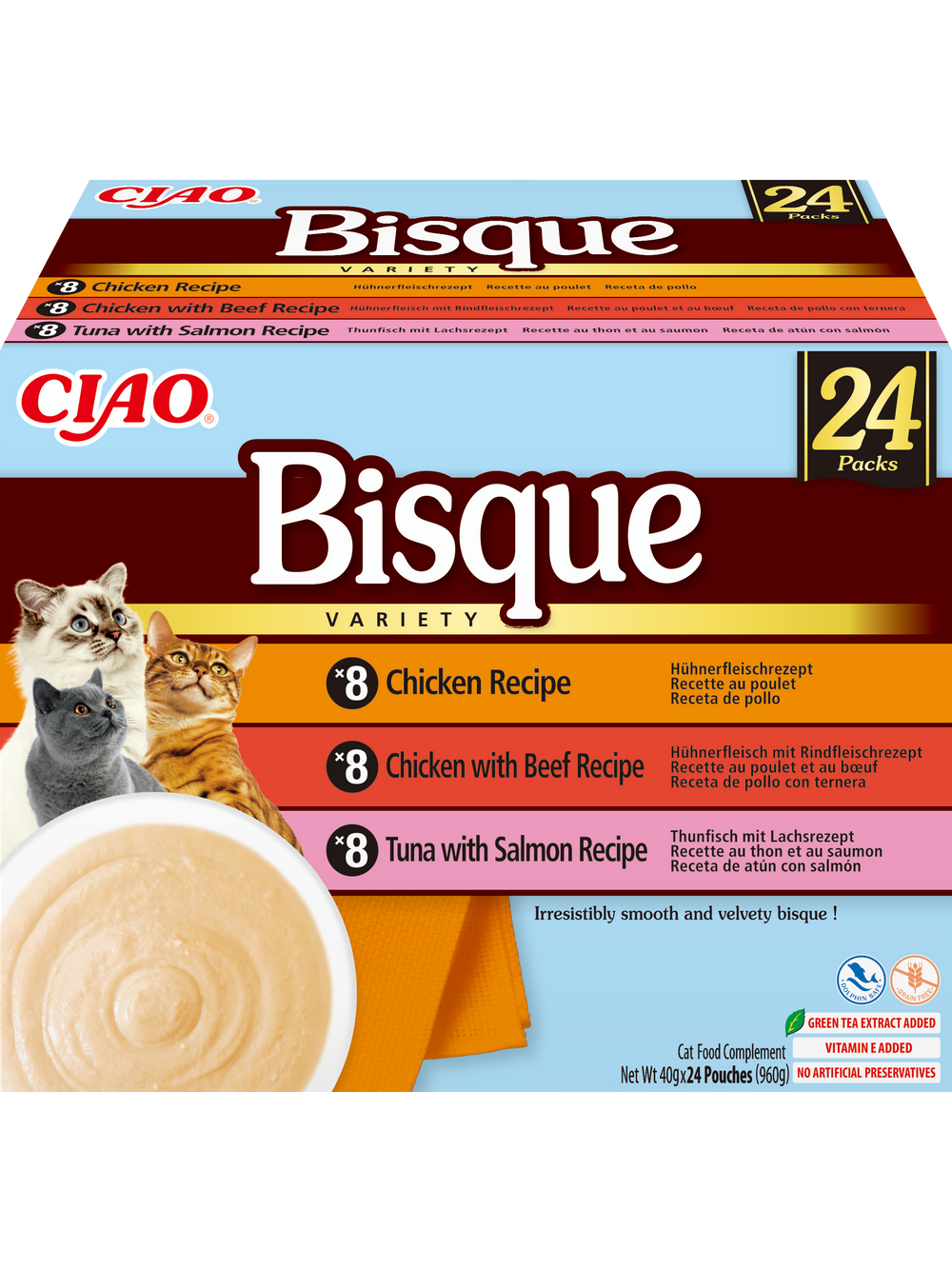 INABA Cat Ciao Bisque - karma uzupełniająca dla kota zupa krem z kurczakiem, wołowiną i rybą 24x40g