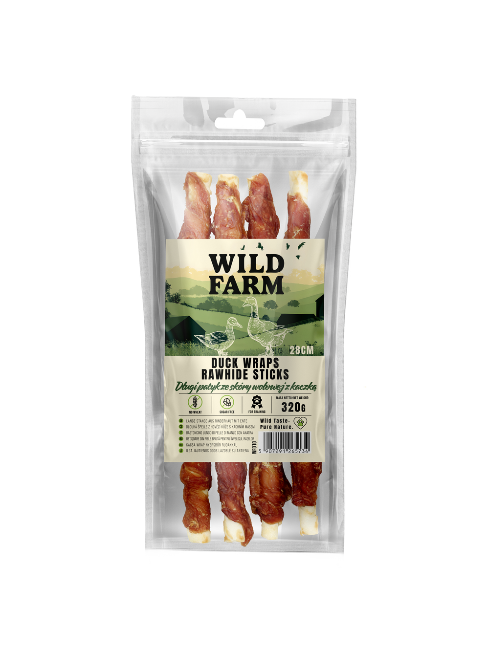WILD FARM Długi patyk ze skóry wołowej z kaczką 28cm 320g przysmak dla psa