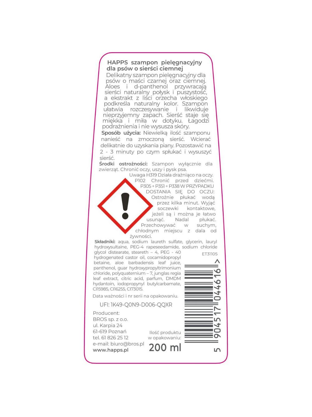 HAPPS - szampon pielęgnacyjny dla psów o sierści ciemnej 200ml +2x Czyścik do usuwania sierści - łapka GRATIS!!