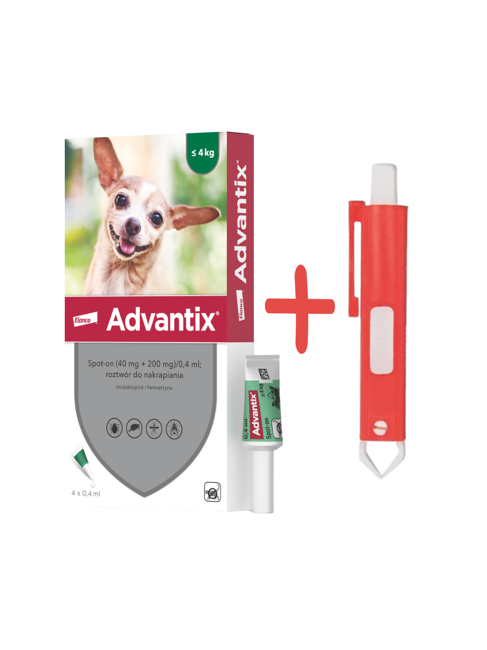 Advantix - dla psów do 4kg (4 pipety x 0,4ml)+ TRIXIE Szczypce do usuwania kleszczy 9cm