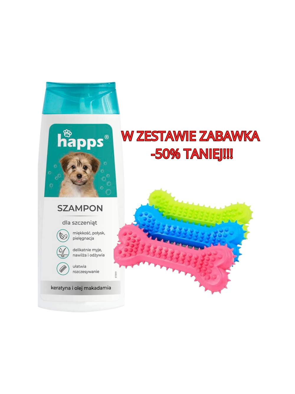 HAPPS - szampon pielęgnacyjny dla szczeniąt 200ml + NUXIE Zabawka gumowa dla psa - gryzak kość 14cm 50% TANIEJ!!