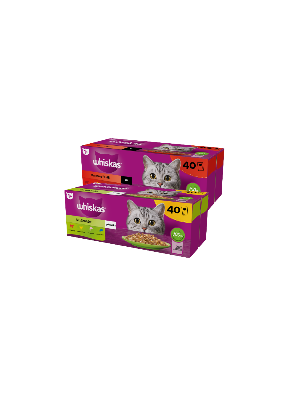 WHISKAS Adult saszetki 40 x 85 g Mix Smaków - mokra karma dla dorosłego kota, w galaretce + WHISKAS Adult saszetki 40 x 85 g Klasyczne Posiłki