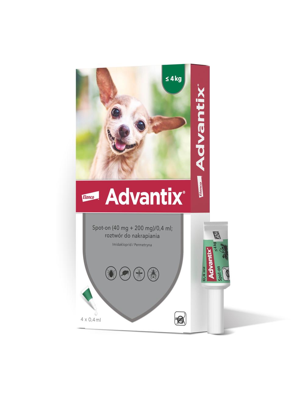 Advantix - dla psów do 4kg (4 pipety x 0,4ml)+ Cestal Dog Plus tabletki na odrobaczanie psów 2 sztuki