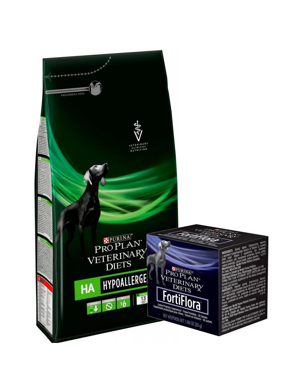 PRO PLAN Veterinary Diets  HA Hypoallergenic Karma sucha dla psa 11kg+ PRO PLAN FortiFlora Suplement probiotyczny dla psa 30 x 1 g