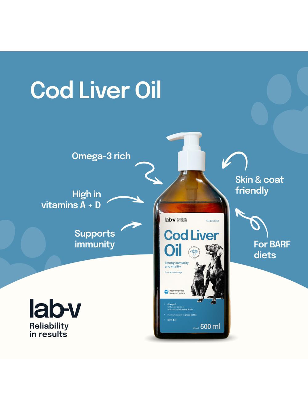 Lab-v Cod Liver Oil – Olej z wątroby dorsza 100% dla psa i kota 500ml