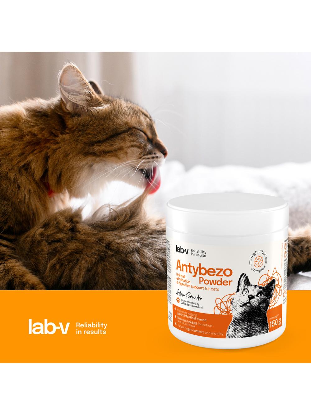 Lab-v Antybezo Powder – Wsparcie eliminacji kul włosowych i trawienia u kotów 150 g