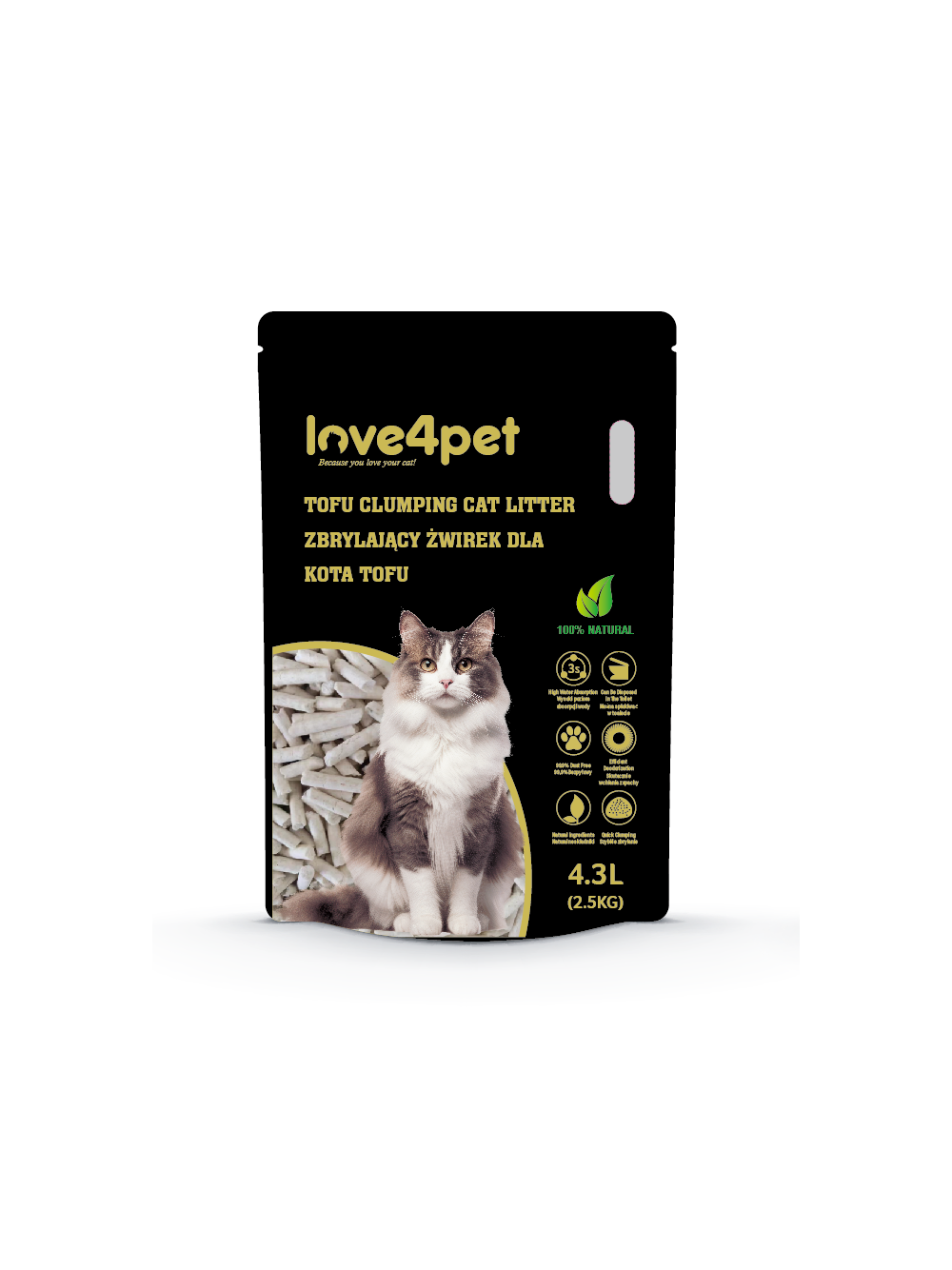 Cat Sand Love4pet Żwirek zbrylający dla kota tofu 2,5kg 4,3L