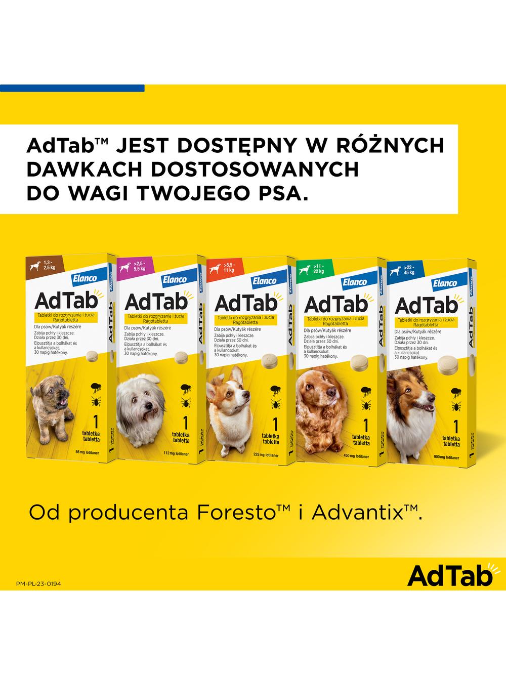 ELANCO AdTab 900mg tabletka na pchły i kleszcze dla psów >22 - 45 kg