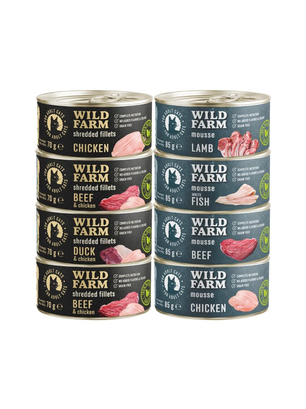 WILD FARM Mix smaków 4x85g + 4x70g - bezzbożowa karma dla kota