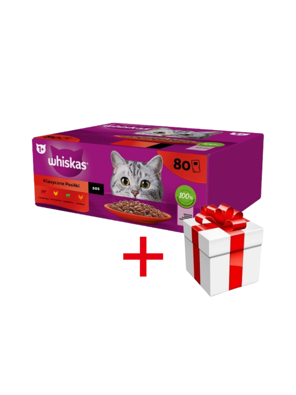 WHISKAS Adult saszetki 80 x 85 g Klasyczne Posiłki - mokra karma dla dorosłego kota, w sosie (kawałki z: wołowiną, kurczakiem, jagnięciną, drobiem) + niespodzianka dla kota GRATIS!!!